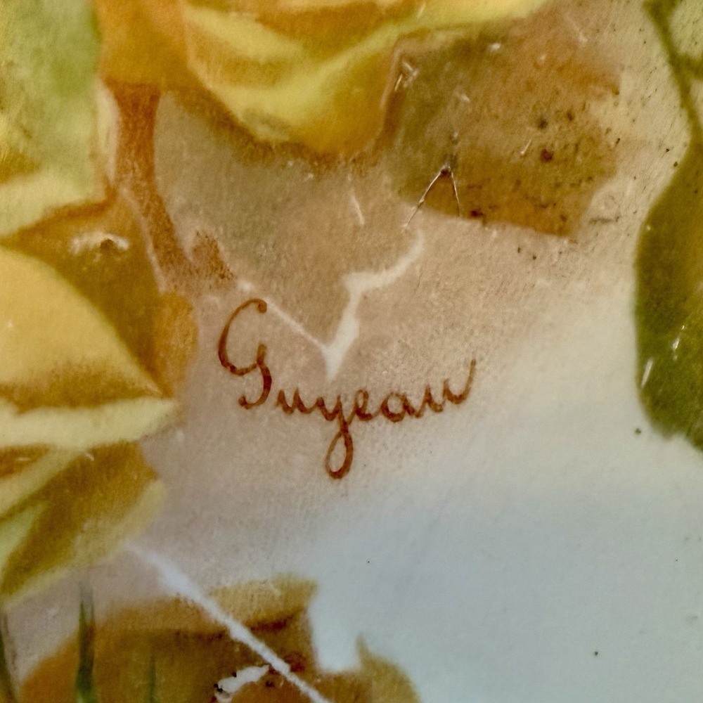 Antique VTG Hand Painted Large 11" Serving Bowl Plate Yellow Rose Roses Guyeauā - Picture 3 of 6
